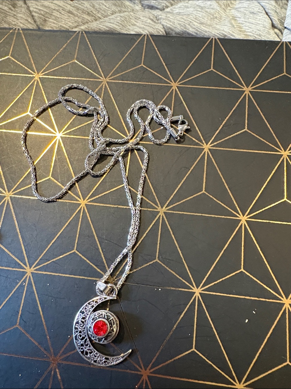 Silver Crescent Moon Pendant Necklace with Red Gem